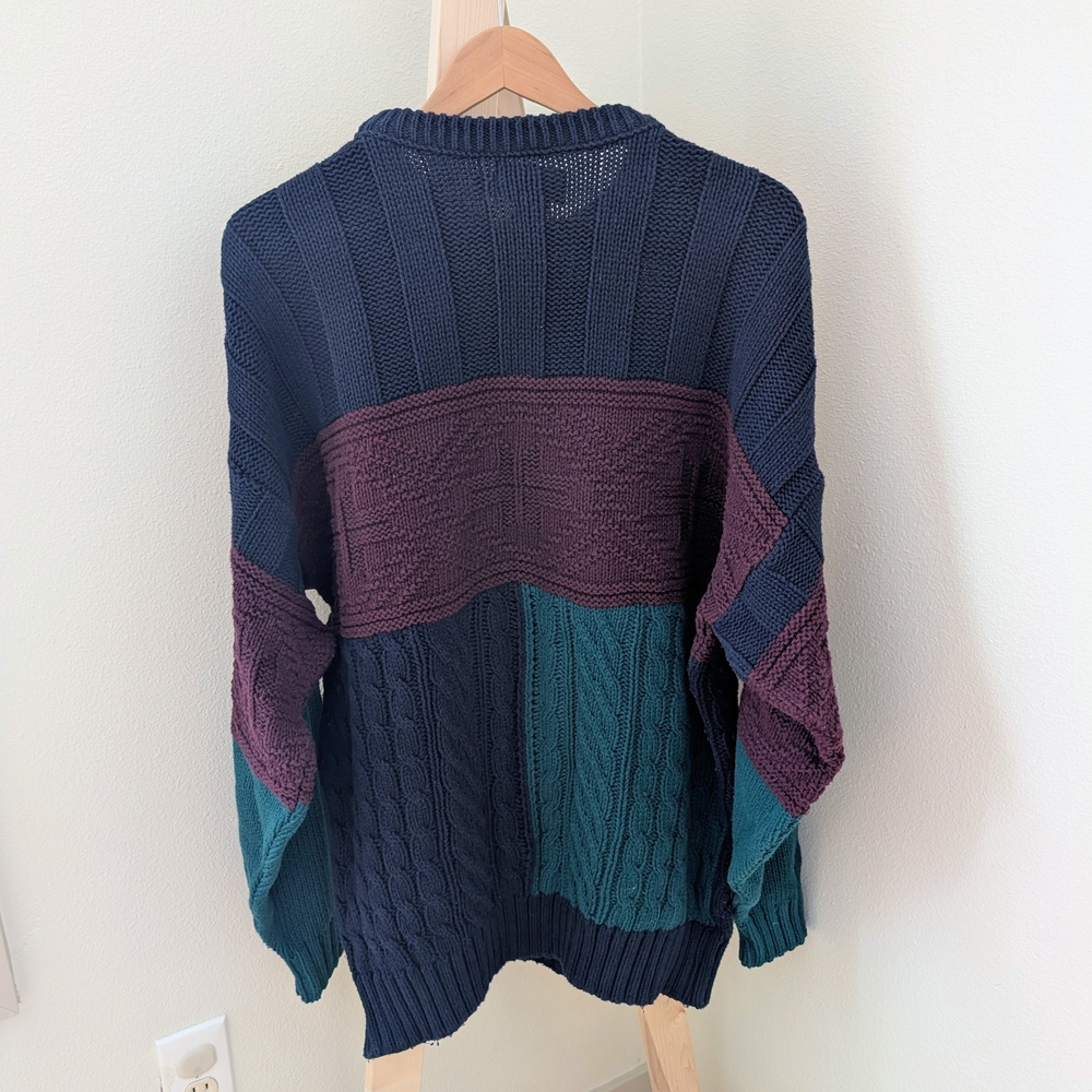 Vintage Eddie Bauer Chunky Colorblock Cable Knit Crewneck Sweater In Navy Blue - Picture 8 of 9